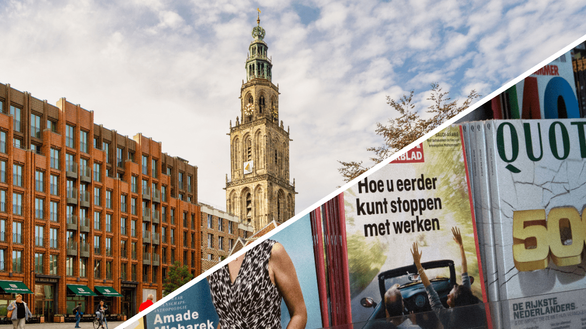 Een afbeelding van de Groninge martinitoren met daarnaast een afbeelding van financiele magazines waaronder de quote 500