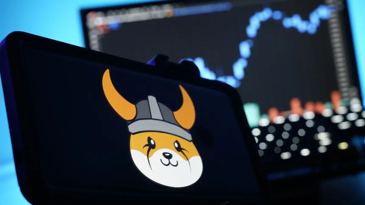 Een afbeelding van de cryptomunt en tevens memecoin Floki Inu (FLOKI) die onlangs een beursproduct heeft gekregen