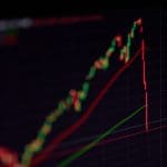 Een afbeelding van een flash crash van een aandeel of crypto koers, met een harde rode lijn direct naar beneden van een candle chart