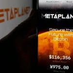 Een afbeelding van het logo van bitcoin bedrijf Metaplanet met daarbij de bitcoin koers en de waarde van het aandeel van MetaPlanet