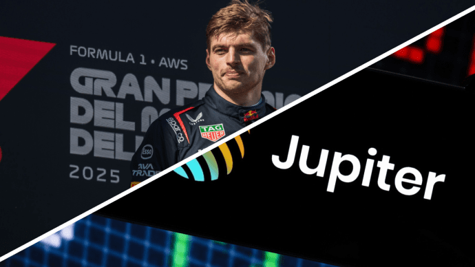 Een split image van Max Verstappen en cryptobeurs Jupiter dat is gebouwd op Solana