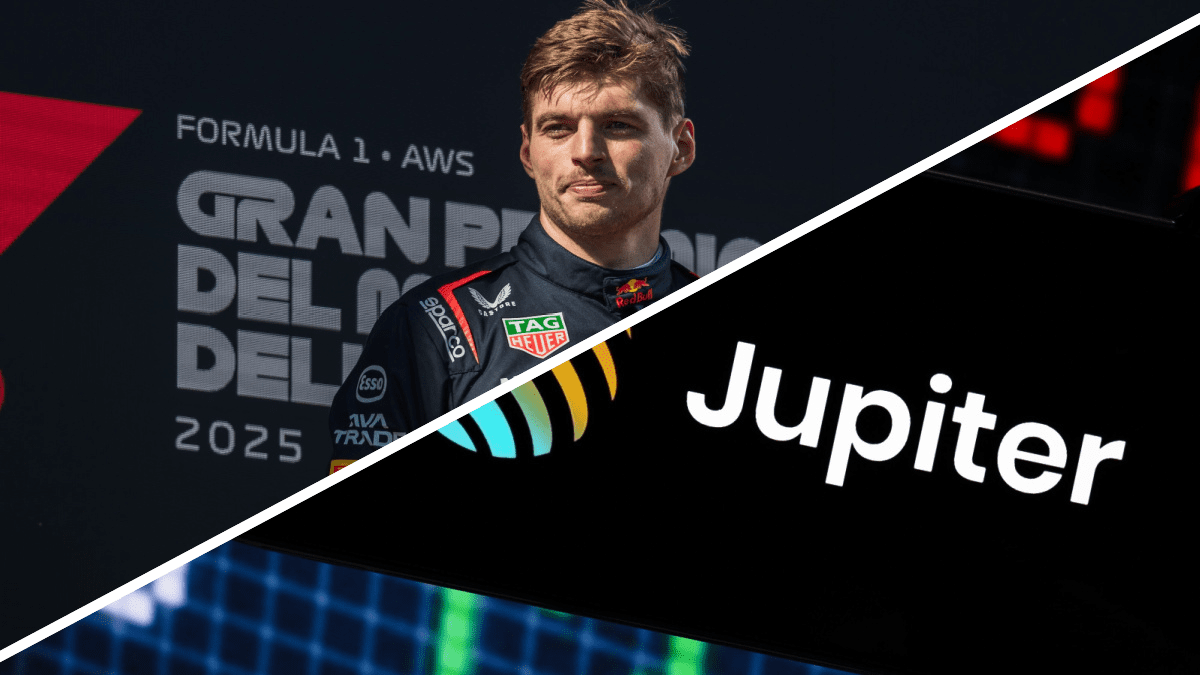 Een split image van Max Verstappen en cryptobeurs Jupiter dat is gebouwd op Solana Een split image van Max Verstappen en cryptobeurs Jupiter dat is gebouwd op Solana