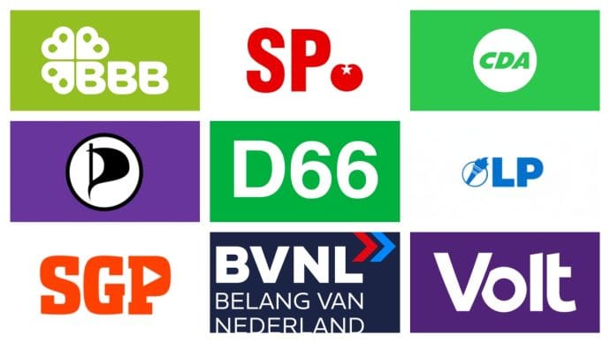 Logo's van BBB, SP, CDA, Piraten Partij, D66, LP, SGP, BVNL, Volt