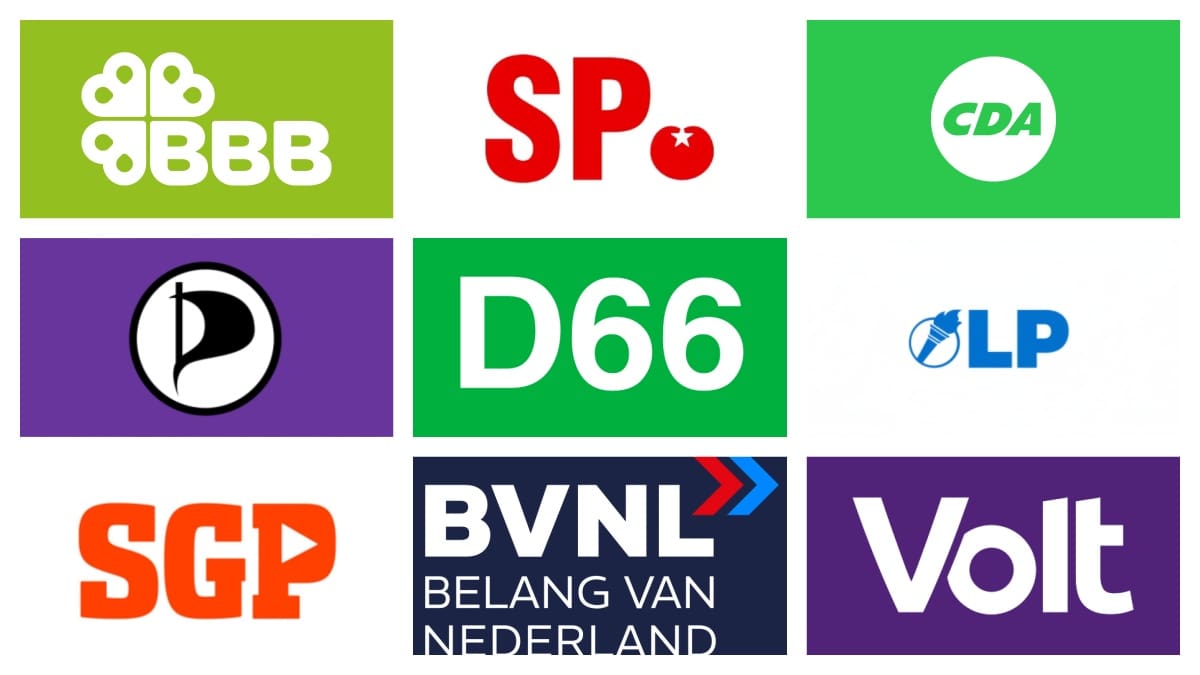 Logo’s van BBB, SP, CDA, Piraten Partij, D66, LP, SGP, BVNL, Volt Logo's van BBB, SP, CDA, Piraten Partij, D66, LP, SGP, BVNL, Volt