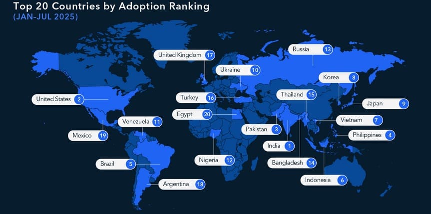 Kaart van de top 20 in crypto adoptie in de wereld. Bron: TRM Labs.