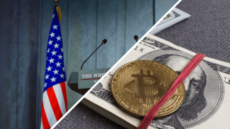 Afbeelding met Bitcoin munt en Amerikaanse vlag