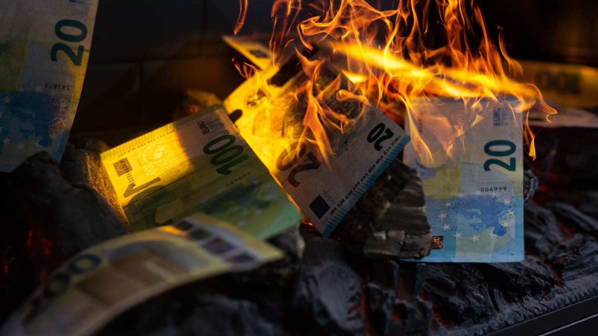 Een aantal euro bankbiljetten staan in brand