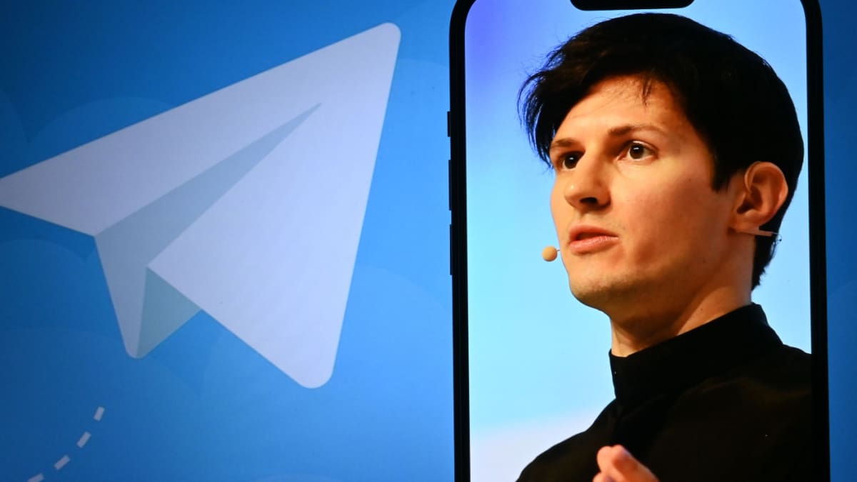 Een afbeelding van Pavel Durov, de oprichter en CEO van Telegram, naast het logo van Telegram