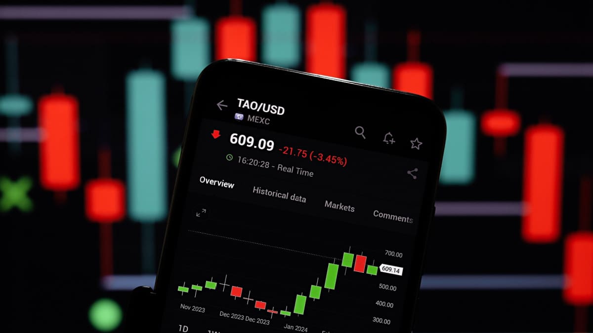 Een afbeelding van de pagina van bittensor op een cryptobeurs, met daarbij een hard stijgende koers