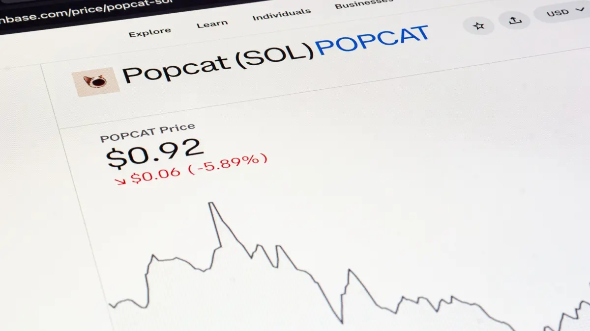 Een afbeelding van de pagina van memecoin popcat op een cryptobeurs, met een grafiek van de koers en een dalende prijs