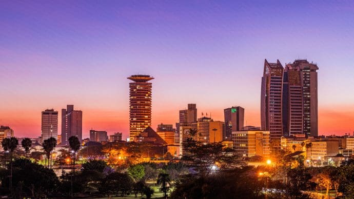 Een afbeelding van een skyline van Nairobi, de hoofdstad van Kenia, een toonaangevend land van Sub-Sahara Afrika