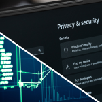 Een split image met links een stijgende groene koers en rechts een tab van privacy en beveiliging in de instellingen van een computer
