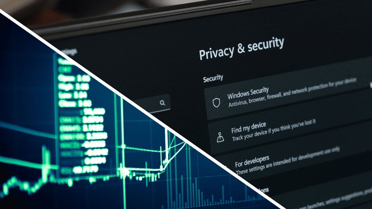 Een split image met links een stijgende groene koers en rechts een tab van privacy en beveiliging in de instellingen van een computer