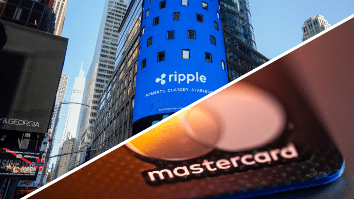 Een split image van Ripple, het bedrijf achter XRP, dat wordt afgebeeld op de Nasdaq, en een creditcard van Mastercard