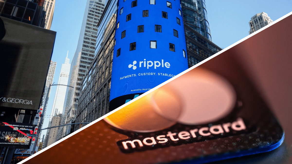 Een split image van Ripple, het bedrijf achter XRP, dat wordt afgebeeld op de Nasdaq, en een creditcard van Mastercard