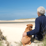 Man met hond op strand