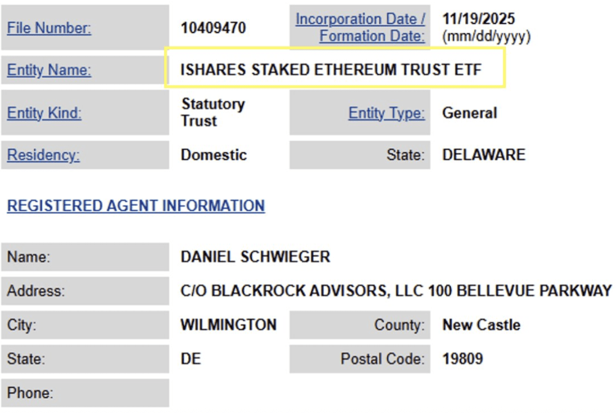 Het document van de naamregistratie ingediend door BlackRock in Delaware. Bron: Eric Balchunas op X 