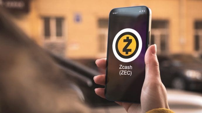 Een afbeelding van het logo van Zcash op een mobiele telefoon