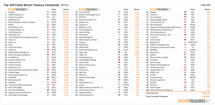 Matador Technologies staat op plek 90 van publieke bitcoinbedrijven met 175 BTC. Bron: BitcoinTreasuries.net