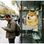 Dogecoin sticker op bushokje