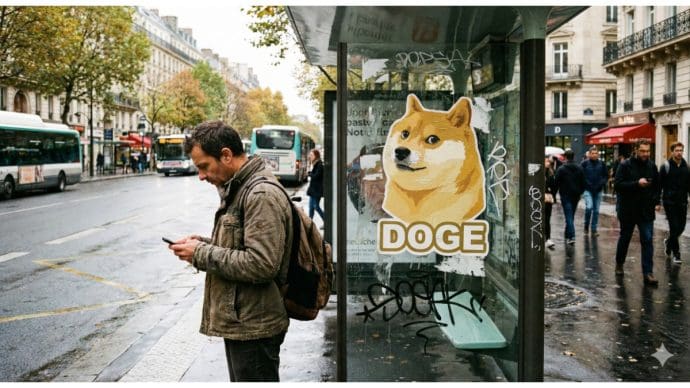 Dogecoin sticker op bushokje