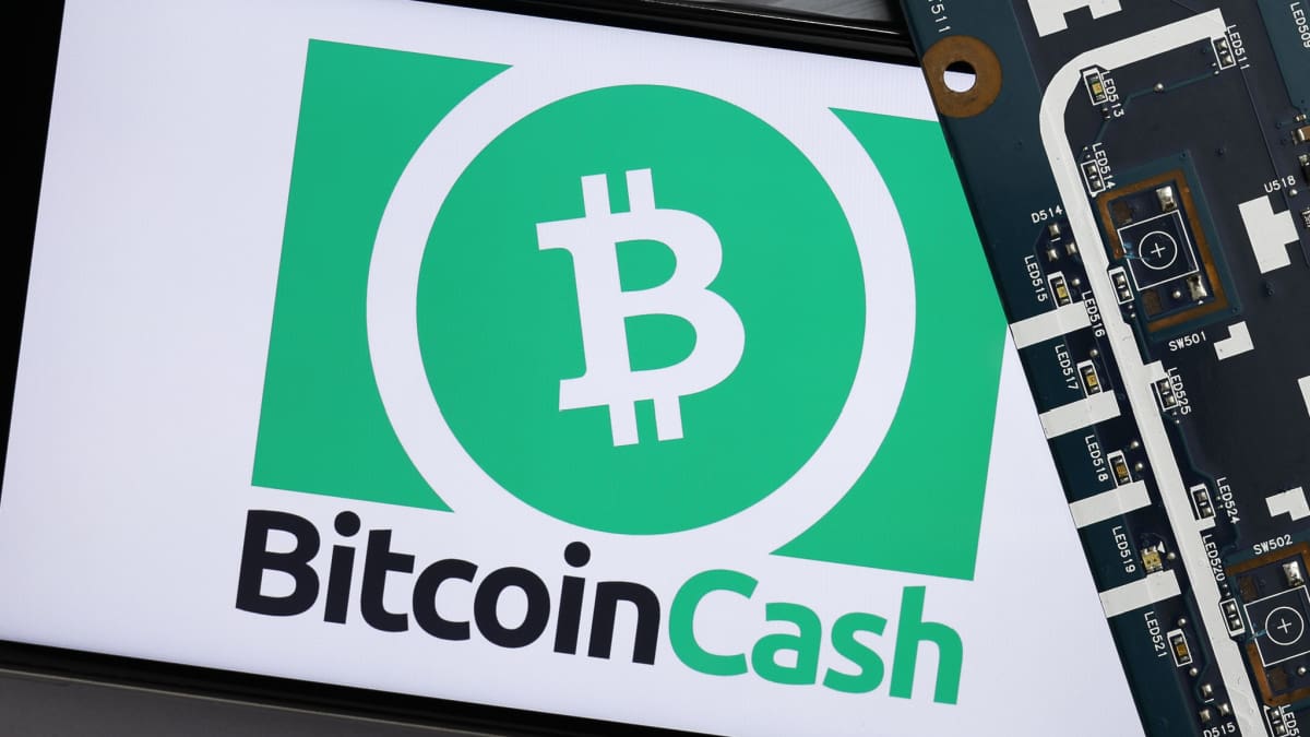Een afbeelding van bitcoin cash (BCH) op een mobiele telefoon met een printplaat erbij