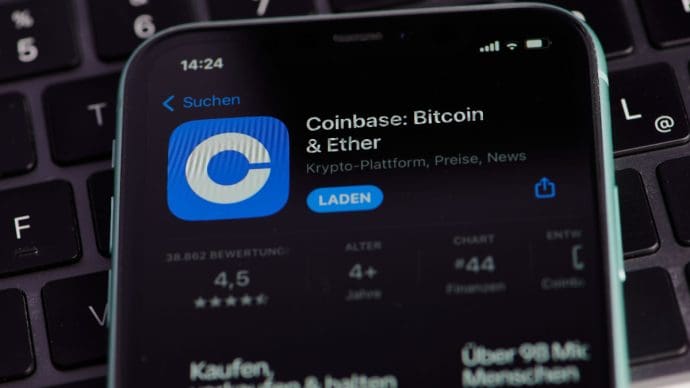 Een afbeelding van de app van cryptobeurs Coinbase in de app store