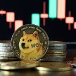 Een afbeelding van dogecoin (DOGE) munten voor een candle chart grafiek die een dalende koers weergeeft