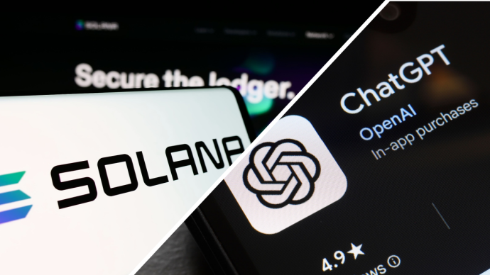 Een split image met het logo van Solana (SOL) links en het logo van ChatGPT rechts