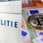 Foto met Bitcoin munt en politie logo