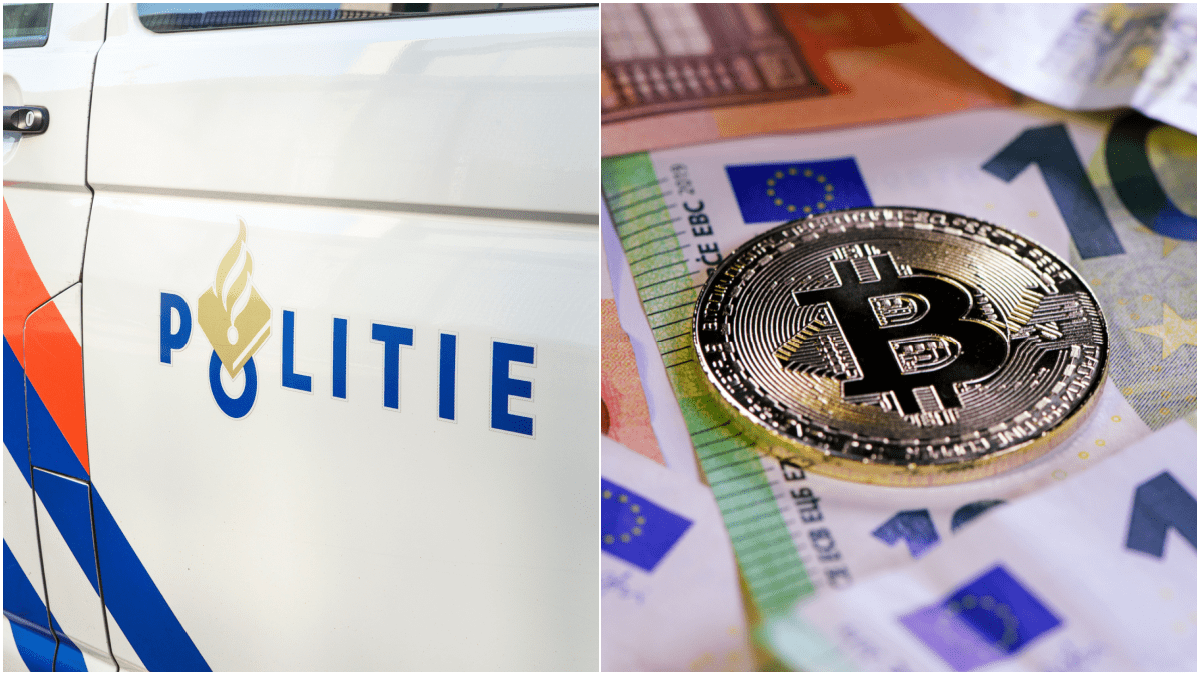 Foto met Bitcoin munt en politie logo
