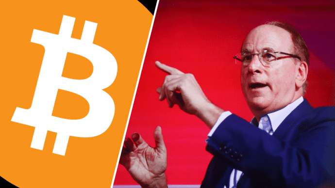 Larry Fink wijst naar bitcoin logo