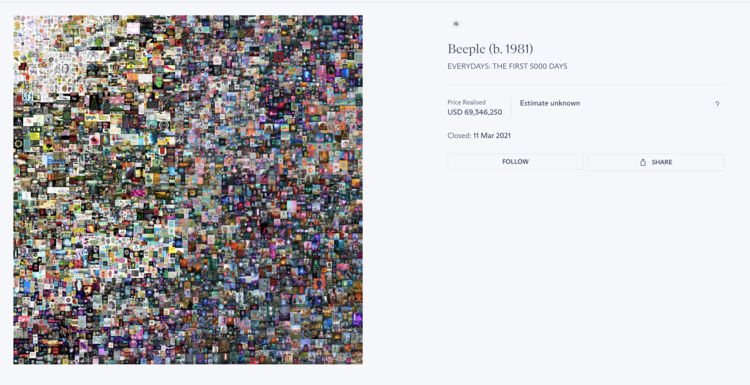Everydays: The First 5000 Days van Beeple werd in 2021 verkocht voor ruim 69 miljoen dollar. Bron: Christie&rsquo;s