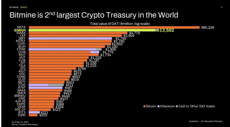 Resumen de las reservas de activos digitales basado en el valor total de las tenencias de criptomonedas. Fuente: Bitmine.