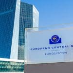 Een afbeelding van de europese centrale bank (ECB) die de euro economische regio financieel beheert