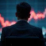 Een afbeelding van een handelaar die voor een bord staat waarop een dalnde rode grafiek wordt weergegeven