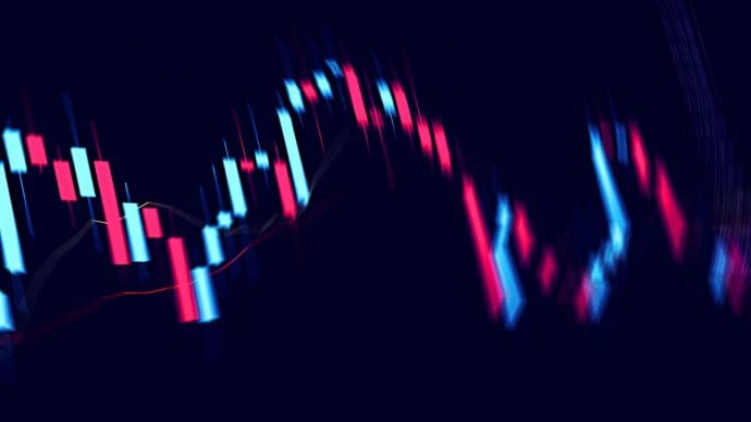 Een afbeelding van een stuiterende volatiele candle chart grafiek van de koers van een crypto zoals bitcoin of ethereum, groen en rood