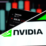 Een split image met een crypto koers pagina van bittensor (TAO) met grafiek en het logo van Nvidia