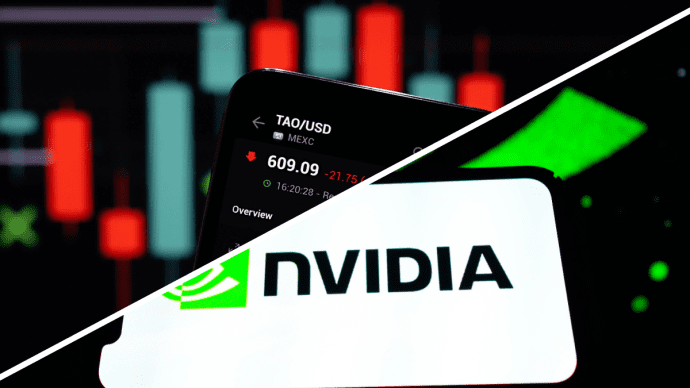 Een split image met een crypto koers pagina van bittensor (TAO) met grafiek en het logo van Nvidia