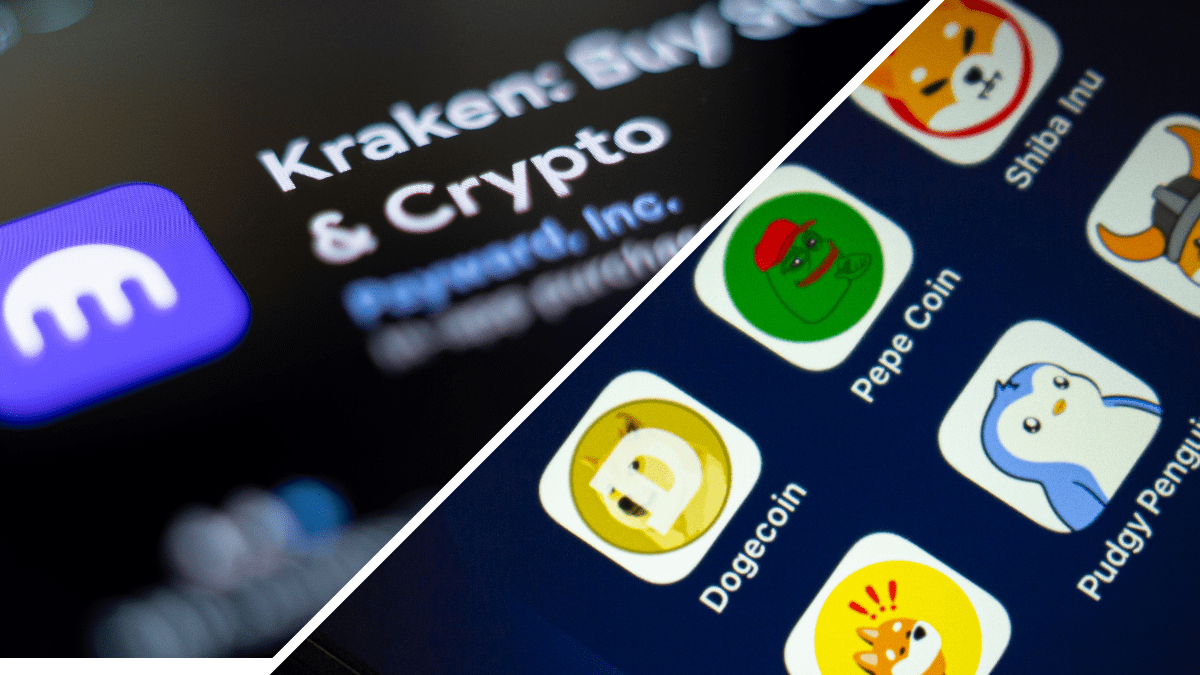 Een split image van kraken en memecoins