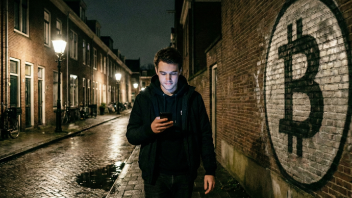 Jongeman loopt op straat met bitcoin grafiti op muur - AI-generated