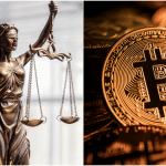 Vrouw Justitia en Bitcoin munten