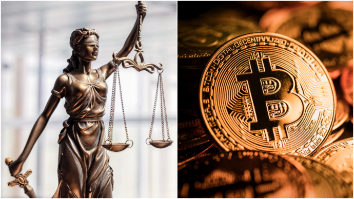 Vrouw Justitia en Bitcoin munten