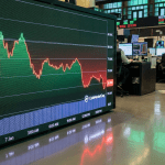 bitcoin grafiek op beurs, rood (AI-generated)