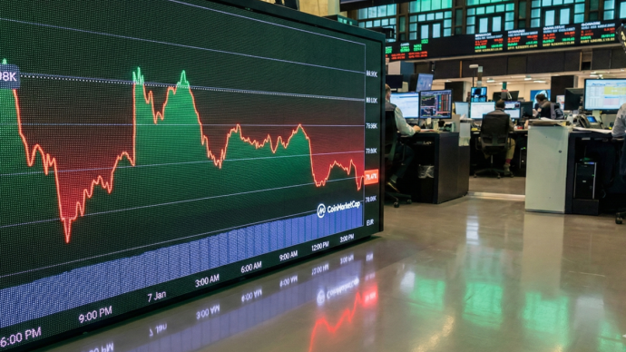 bitcoin grafiek op beurs, rood (AI-generated)