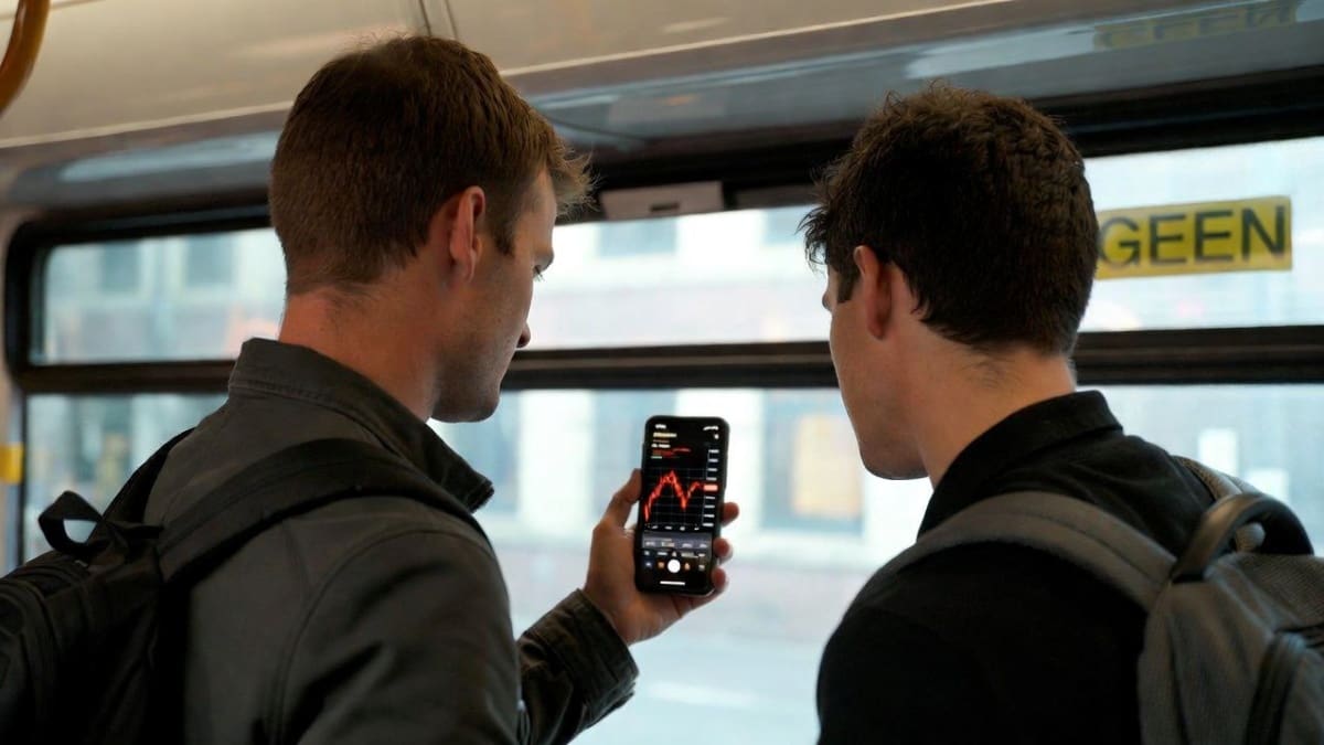 2 mannen kijken op telefoon dalende bitcoin koers (1)