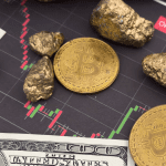 Bitcoins goudklompen dollars en een koersgrafiek