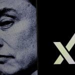 Een afbeelding van Elon Musk naast een mobiele telefoon met het logo van zijn AI bedrijf XAI