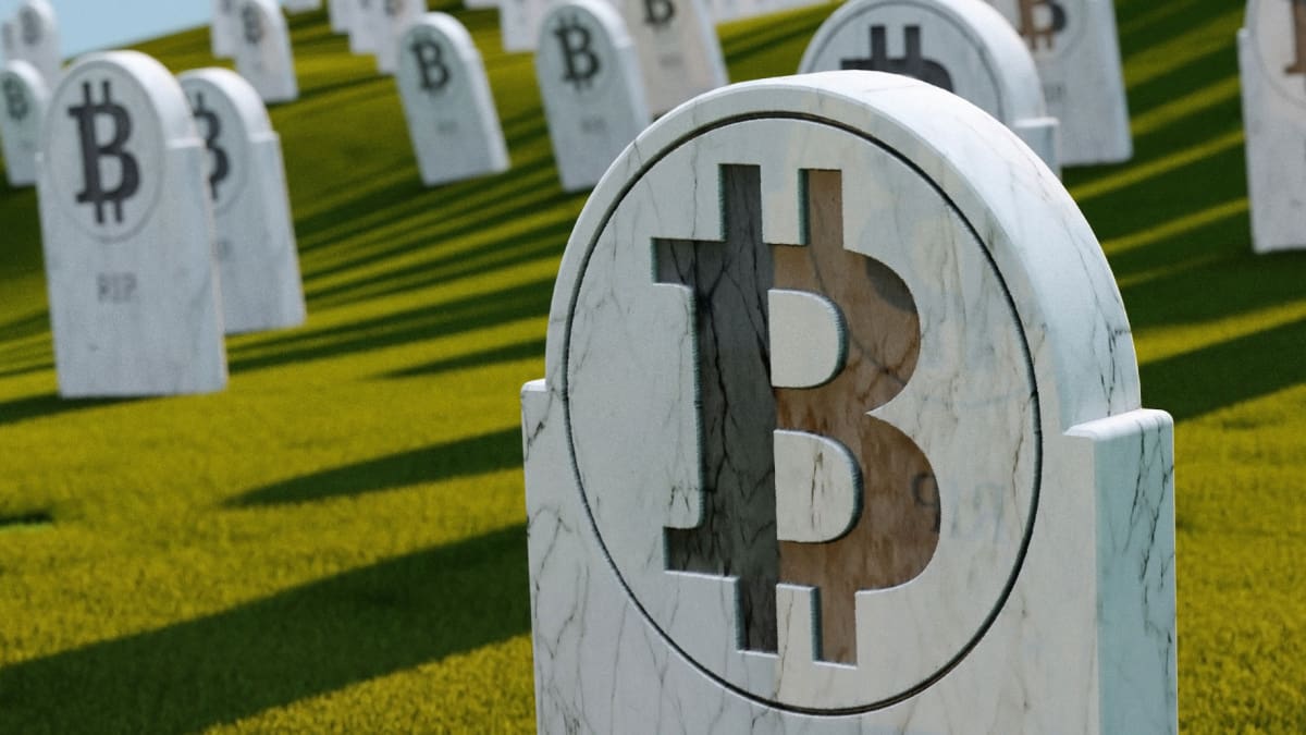 Een afbeelding van bitcoin munten die staan op grafstenen