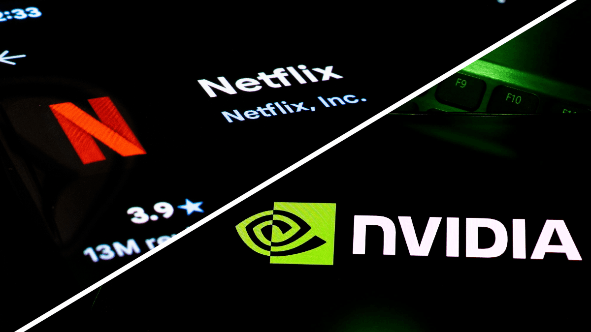 Een split image van het logo van Netflix (links) en het logo van nvidia (rechts), streaming dienst versus tech chip fabrikant
